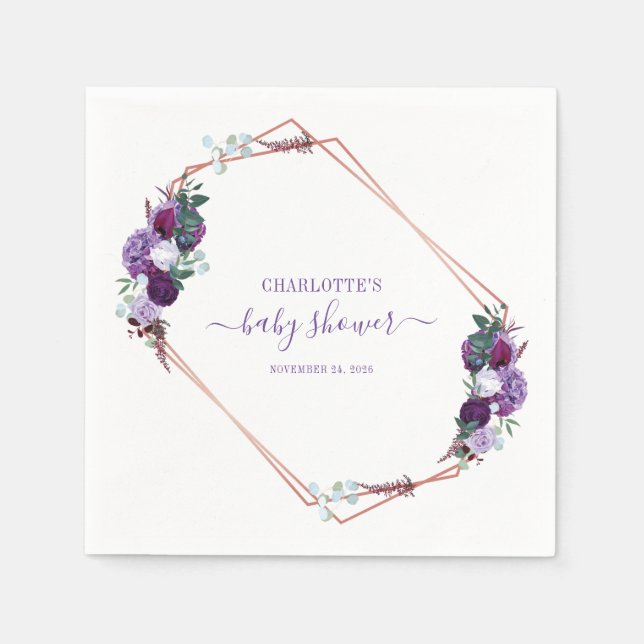 Serviette En Papier Baby shower de fille à script floral pourpre (Devant)
