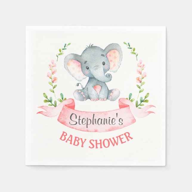 Serviette En Papier Baby shower de fille Eléphant Aquarelle (Devant)