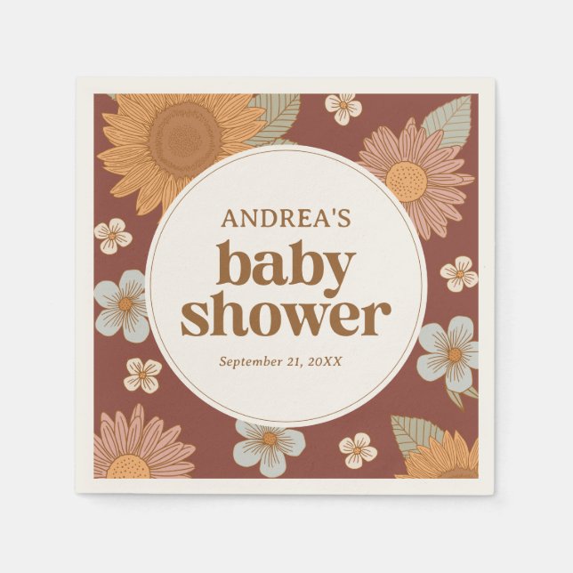 Serviette En Papier Baby shower de fille Fleur sauvage rétros (Devant)