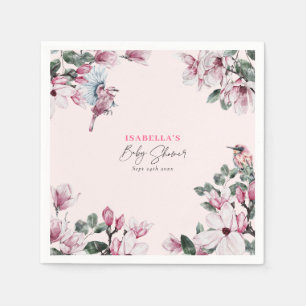 Serviette En Papier Baby shower de fleurs et d'oiseaux rose de printem