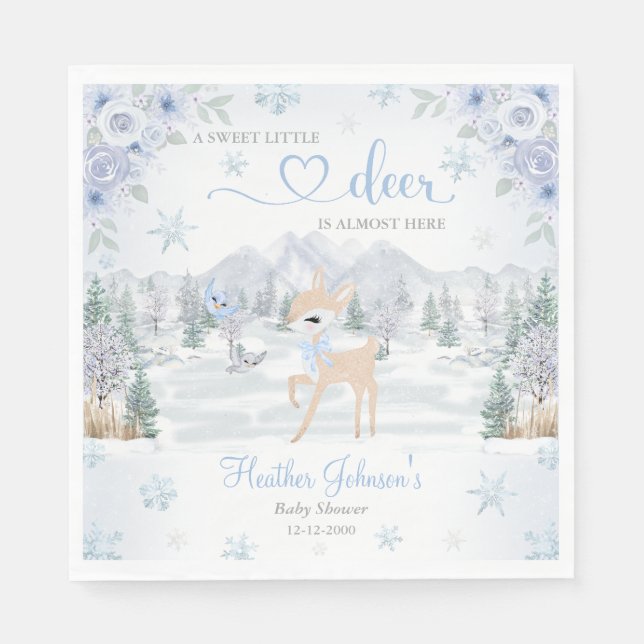 Serviette En Papier Baby shower de Flocon de neige Bleu Cerf d'hiver (Devant)