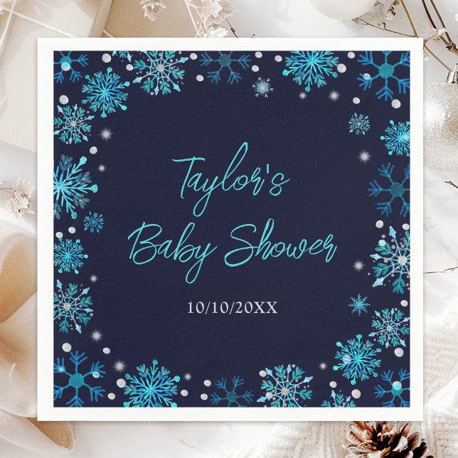 Serviette En Papier Baby shower de flocons de neige bleus et argentés (Créateur téléchargé)