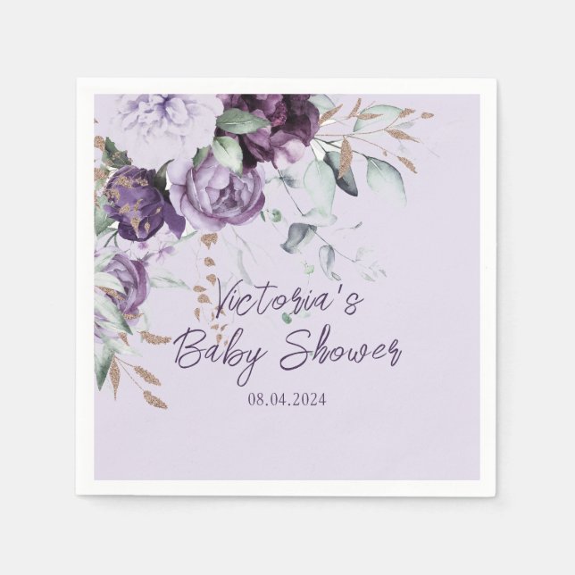 Serviette En Papier Baby shower de lavande d'aquarelle florale violet (Devant)