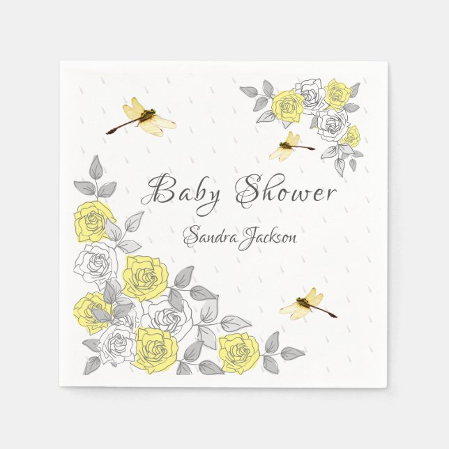 Serviette En Papier Baby shower de libellules Roses jaunes et gris (Devant)