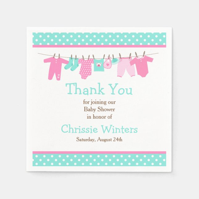 Serviette En Papier Baby shower de ligne bébé rose et vert (Devant)