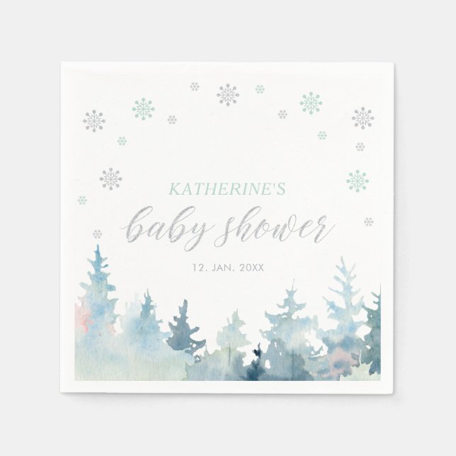 Serviette En Papier Baby shower de neige Silver & Mint Winter Wonderla (Devant)