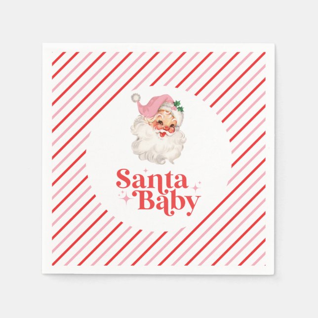 Serviette En Papier Baby shower de Noël Retro Pink Père Noël bébé (Devant)