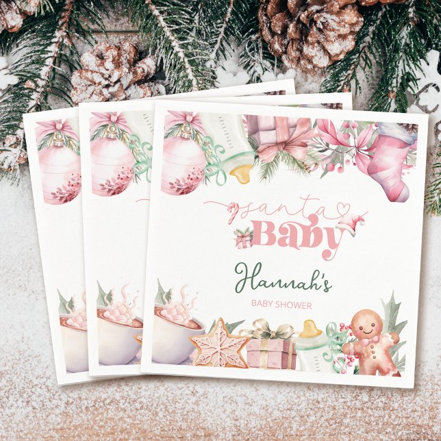 Serviette En Papier Baby shower de Noël rose Père Noël (Créateur téléchargé)