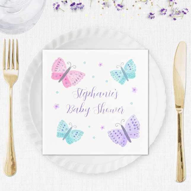 Serviette En Papier Baby shower de papillons d'eau rose violet (Créateur téléchargé)