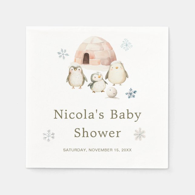 Serviette En Papier Baby shower de pingouins d'hiver (Devant)