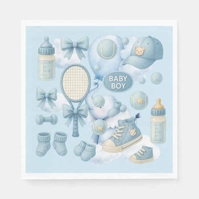 Serviette En Papier Baby shower de tennis pour bébé garçon bleu thème (Devant)