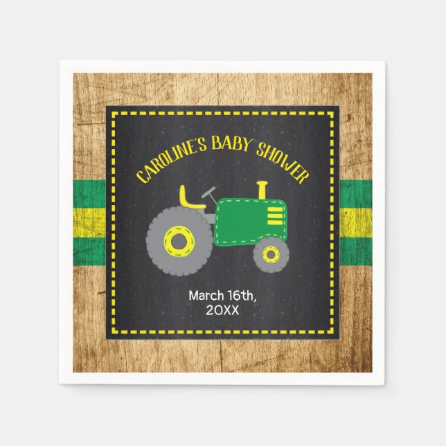 Serviette En Papier Baby shower de tracteur rustique vert et jaune (Devant)