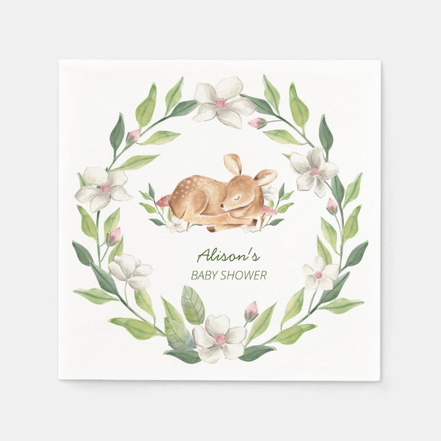 Serviette En Papier Baby shower de végétation fleurie de cerfs de bois (Devant)