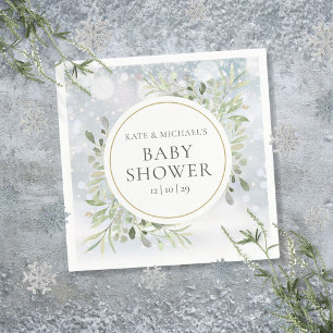 Serviette En Papier Baby Shower de verdure et flocons de neige hiverna