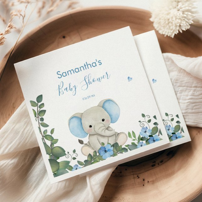 Serviette En Papier Baby shower d'éléphant bleu vert Floral Napkins (Créateur téléchargé)