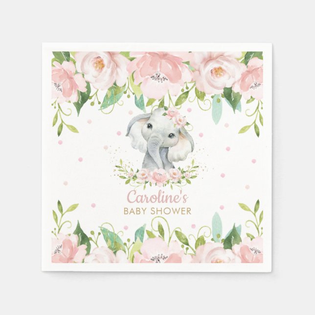 Serviette En Papier Baby shower d'éléphant floral rose vif (Devant)