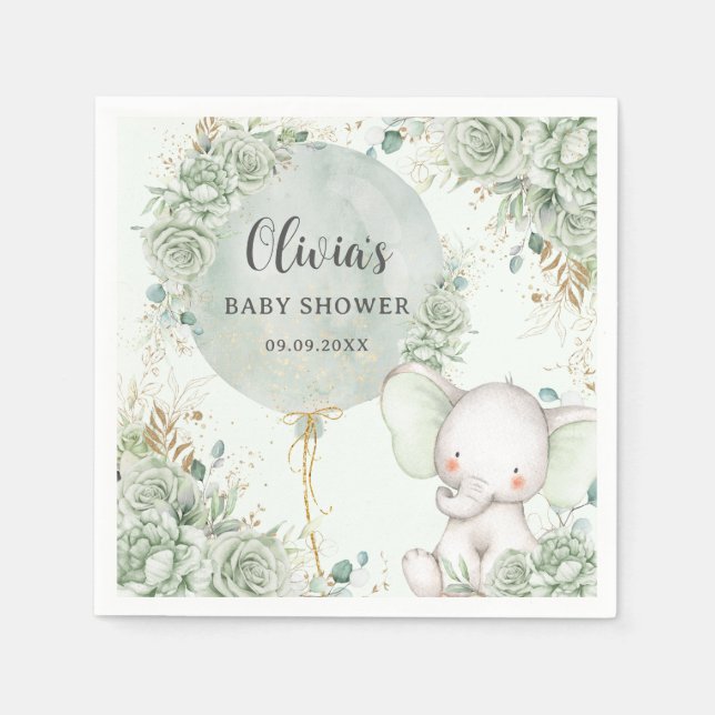 Serviette En Papier Baby shower d'éléphant floral vert Sage (Devant)