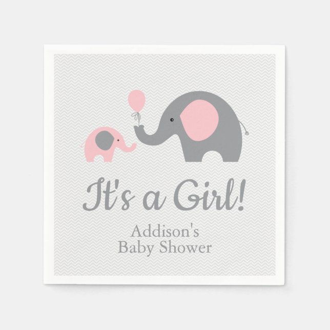 Serviette En Papier Baby shower d'éléphant rose et gris (Devant)