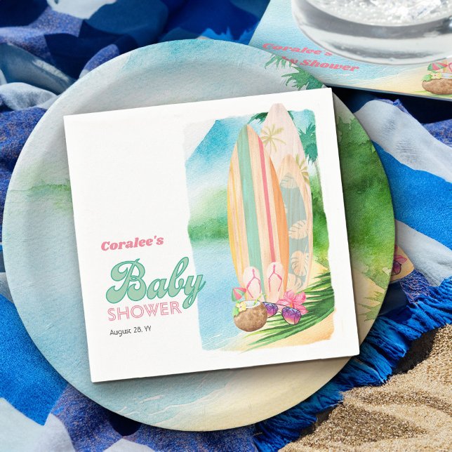 Serviette En Papier Baby shower d'été de la plage de surf tropical (Summer tropical beach theme napkins from my Baby on Board baby shower collection)