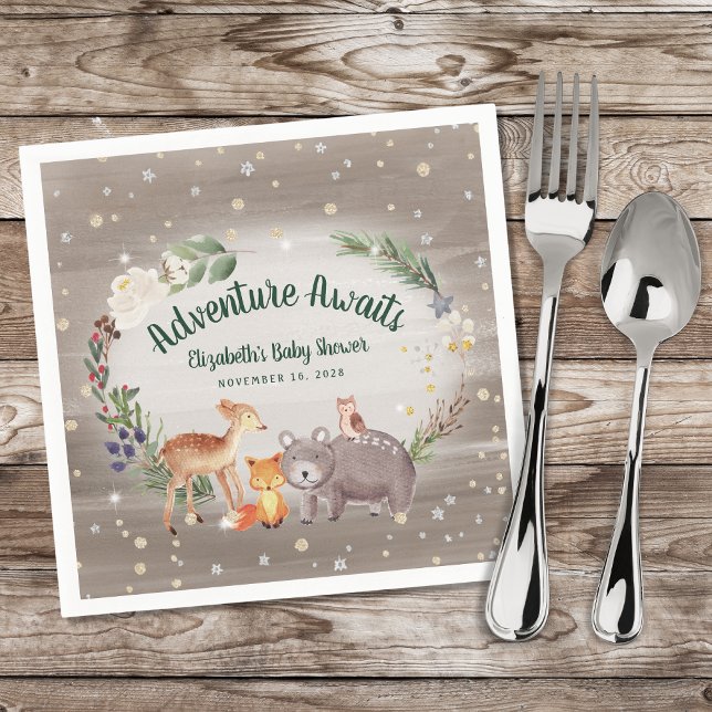 Serviette En Papier Baby shower d'hiver des animaux rustiques en bois (Créateur téléchargé)