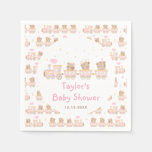 Serviette En Papier Baby shower du train Bear Pink (Devant)