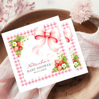 Serviette En Papier Baby shower Eau-forte Rose Gingham Ruban Fraise