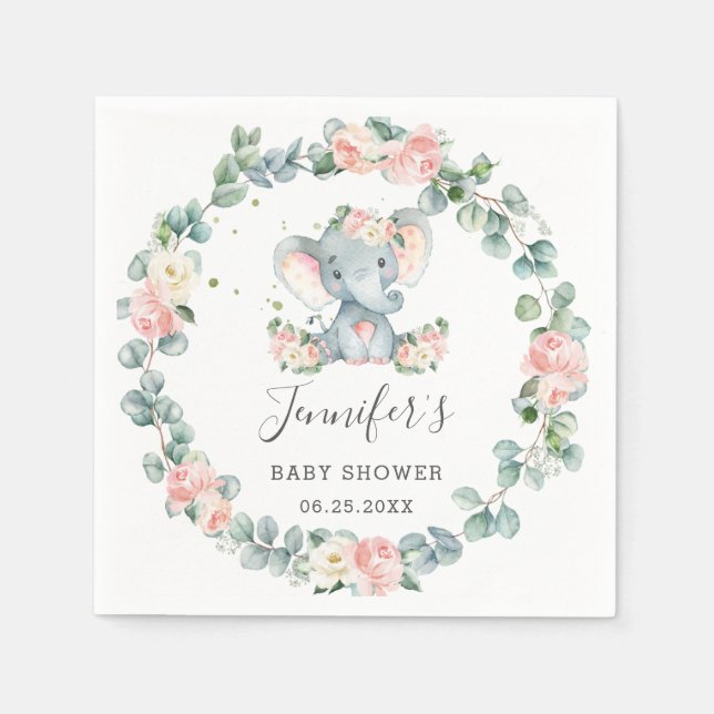 Serviette En Papier Baby shower éléphant Anniversaire Rose Floral Vert (Devant)