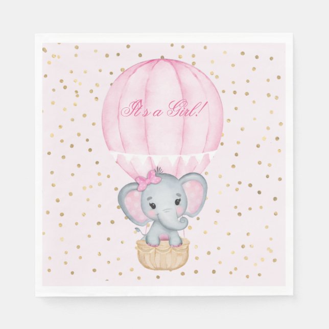 Serviette En Papier Baby shower éléphant bébé fille à ballon chaud (Devant)