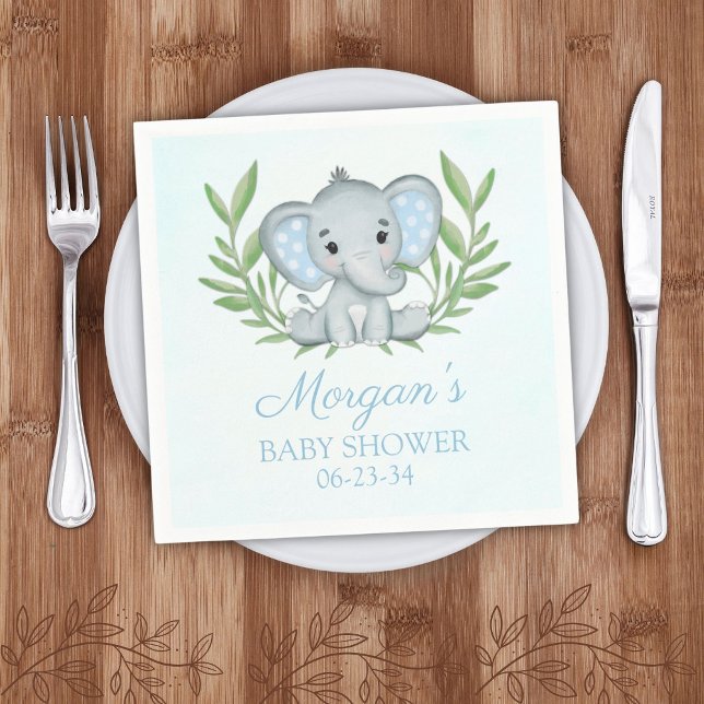 Serviette En Papier Baby shower éléphant bleu vert garçon (Créateur téléchargé)