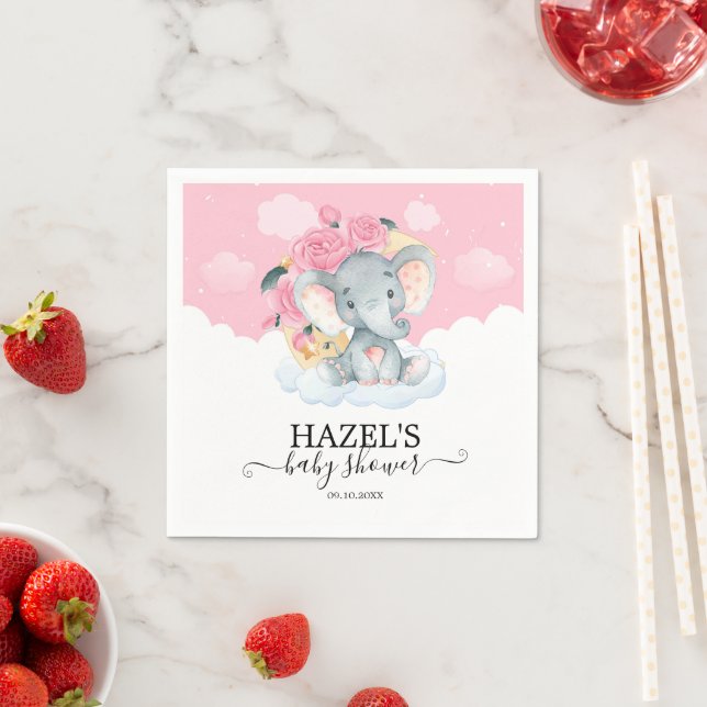 Serviette En Papier Baby shower Eléphant Rose Cute Fille Anniversaire (En situation)