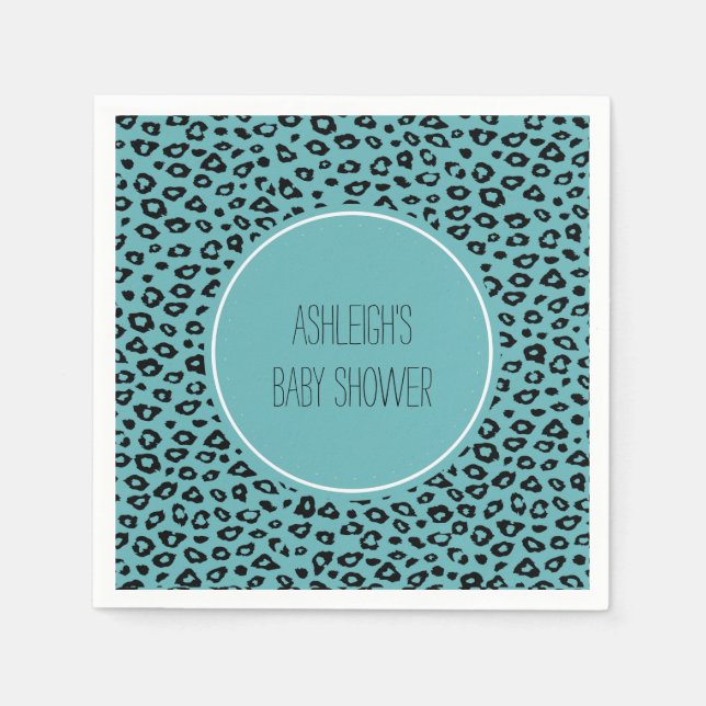 Serviette En Papier Baby shower Empreinte de léopard Aqua Black (Devant)