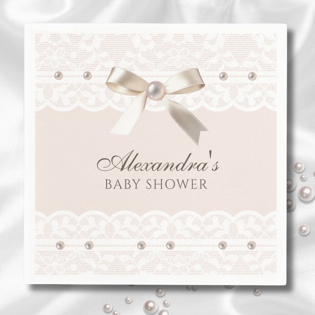 Serviette En Papier Baby shower en dentelle blanche rose pâle (Créateur téléchargé)