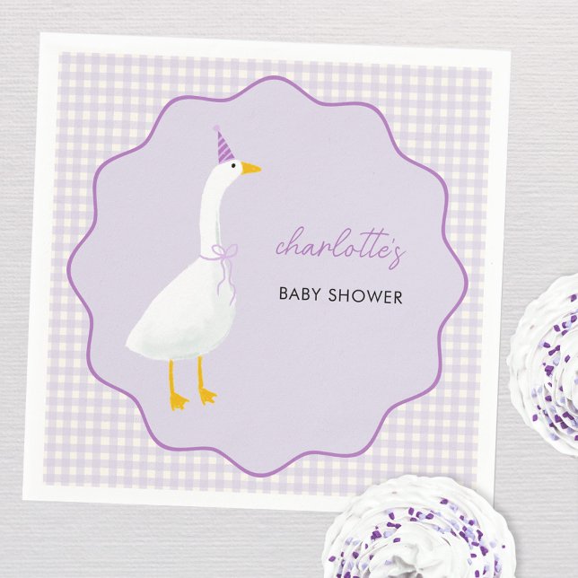Serviette En Papier Baby shower En vichy Little Goose Lilac (Little Goose geese themed personalized custom name baby shower party paper napkin pastel lilac)