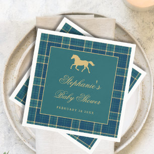Serviette En Papier Baby shower équestre Cheval doré à carreaux classi