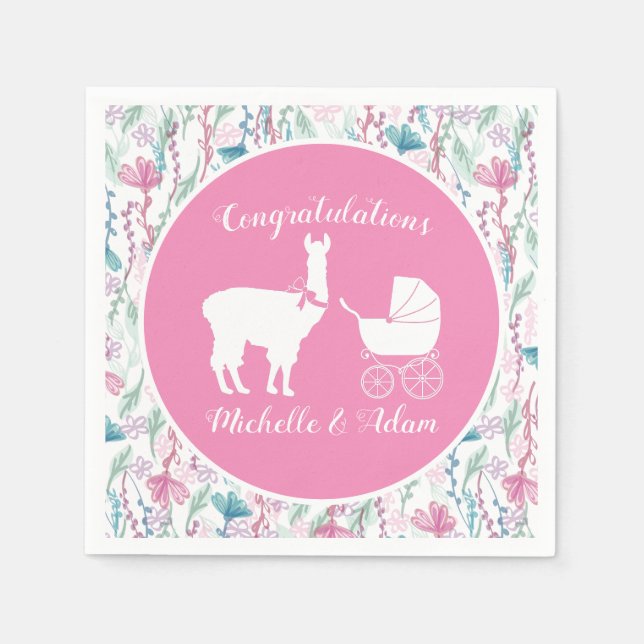 Serviette En Papier Baby shower fille Llama rose mignonne (Devant)