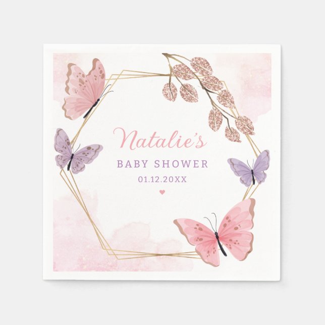 Serviette En Papier Baby shower Fille Papillon rose mou moderne (Devant)