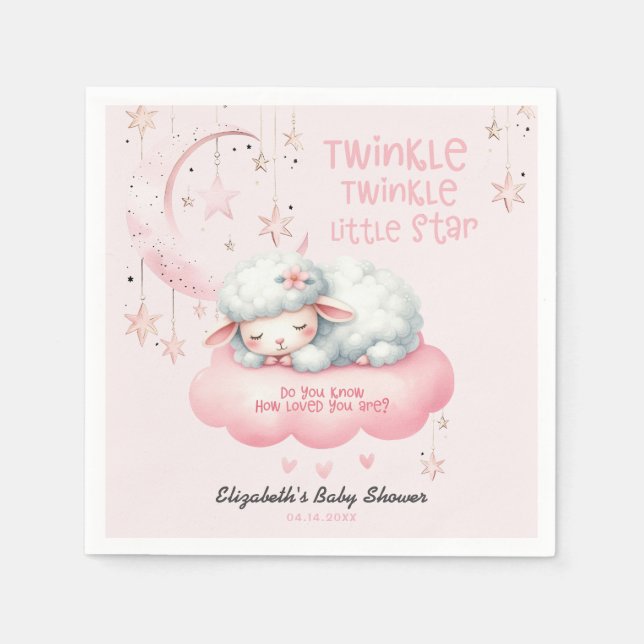 Serviette En Papier Baby shower fille Twinkle Twinkle Lamb rose (Devant)