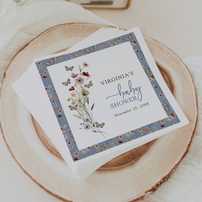 Serviette En Papier Baby shower Fleur sauvage bleu (Dusty Blue Wildflower Baby Shower Napkins with Butterflies by Painted Paperie
)