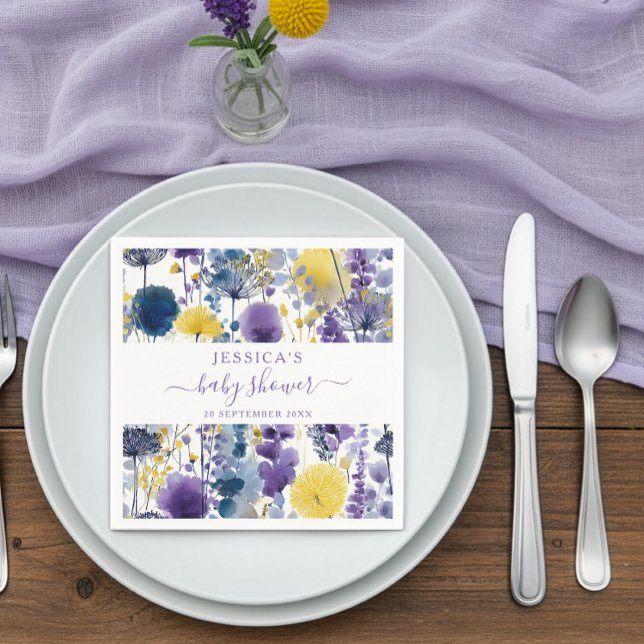 Serviette En Papier Baby shower Fleur sauvage couleur  jaune violet (Créateur téléchargé)