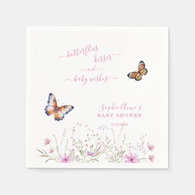 Serviette En Papier Baby shower Fleur sauvage de papillon aquarelle (Devant)