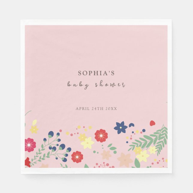 Serviette En Papier Baby shower Fleur sauvage rose simple et élégant (Devant)