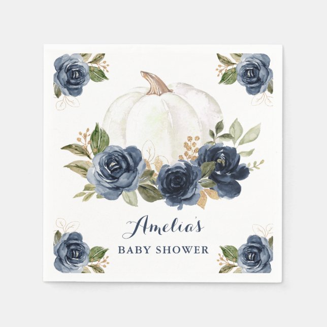 Serviette En Papier Baby Shower Fleurs Bleu Marine Citrouille Automne (Devant)