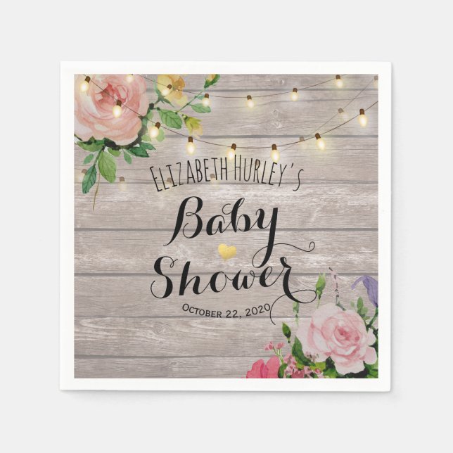 Serviette En Papier Baby shower Fleurs Chic Fleurs Bois Rustique Lumiè (Devant)