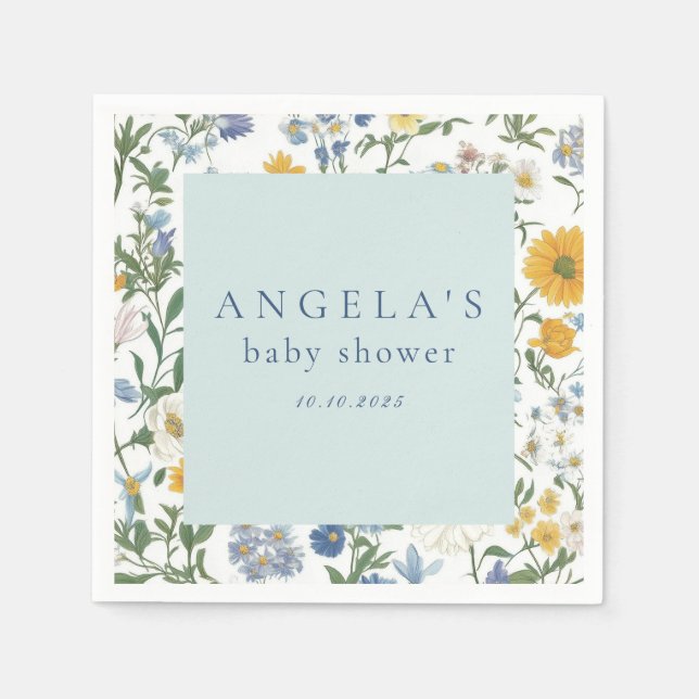 Serviette En Papier Baby shower Floral bleu et jaune rustique (Devant)