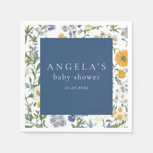 Serviette En Papier Baby shower Floral bleu et jaune rustique (Devant)