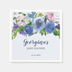 Serviette En Papier Baby shower floral bleu moderne violet rose