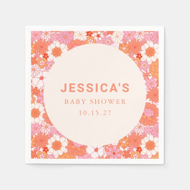 Serviette En Papier Baby shower Floral Boho rose orange rétro (Devant)