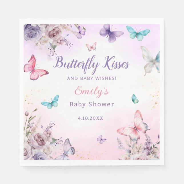 Serviette En Papier Baby shower floral d'aquarelle papillon moderne (Devant)