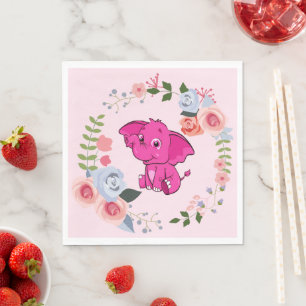 Serviette En Papier Baby shower floral d'éléphant pour fille rose