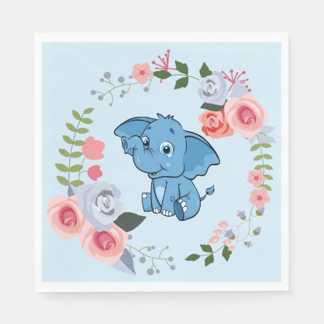 Serviette En Papier Baby shower floral éléphant du garçon bleu (Devant)
